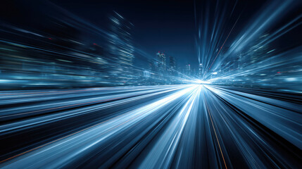 Abstract futuristic city light trails at night with high-speed motion blur effects on an urban highway, representing fast data transfer, fiber optics, digital technology, and modern transportation