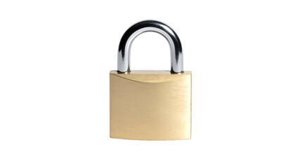 A shiny gold padlock with a curved silver shackle, isolated against a solid black background