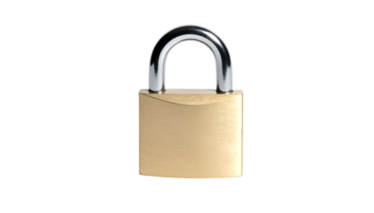 A shiny gold padlock with a curved silver shackle, isolated against a solid black background