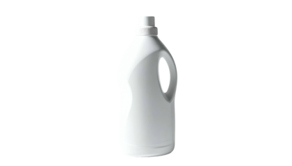 A white plastic bottle for laundry detergent, isolated on a black background
