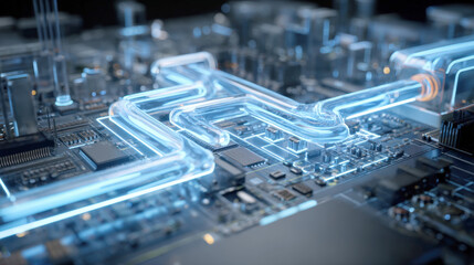 Futuristic motherboard circuit board with glowing blue liquid cooling pipes and neon light effects, advanced nanotechnology hardware background, high-tech electronic engineering and cyber concept