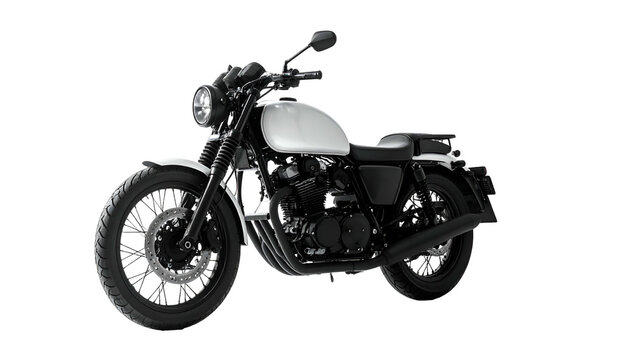 White and black motorcycle against black background, side view, modern design