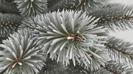 Close-up of frosty pine tree branches with icy needles on a snowy background.