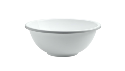A pristine white, slightly oval mixing bowl set against a deep black background