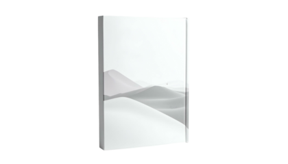 A canvas print depicts layered, soft desert dunes in grayscale, framed with a white border