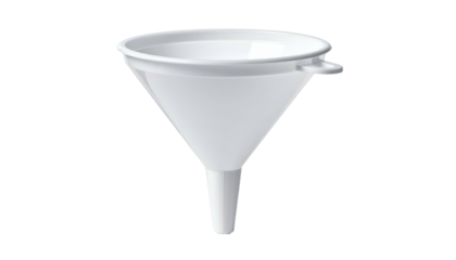 A white plastic funnel with a wide mouth and a narrow spout, against a black backdrop