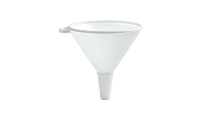 Isolated studio shot of a white plastic conical funnel with a handle, shadow effect