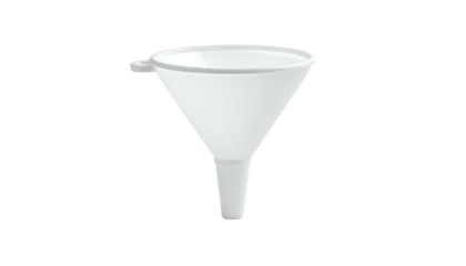 Isolated studio shot of a white plastic conical funnel with a handle, shadow effect