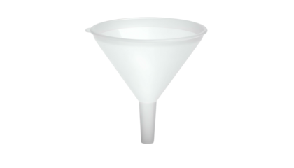 Isolated white plastic laboratory funnel with a wide mouth and a narrow spout