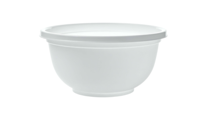 White, circular, insulated food container.  Features a lip and a simple, clean design