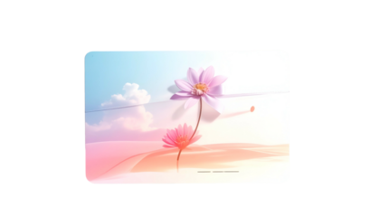 Pastel flowers on a curved surface against a soft, colorful sky and clouds