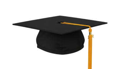 Black graduation cap with gold tassel isolated PNG, academic hat for commencement ceremony on transparent background, education achievement