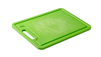 Green rectangular cutting board with scratches, handle, and raised edges, set against black background