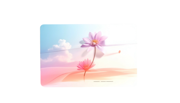Pastel flowers on a curved surface against a soft, colorful sky and clouds - Powered by Adobe