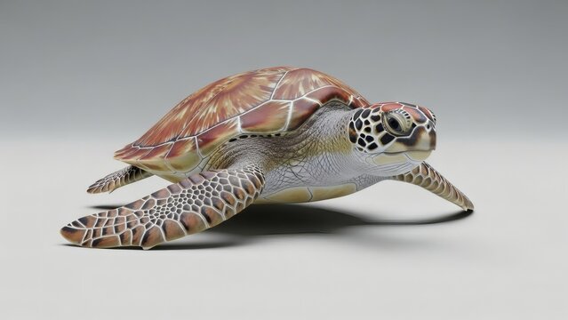 Close-up of a sea turtle on a plain gray background