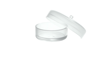 Clear, round container with an open lid, sitting against a stark black background