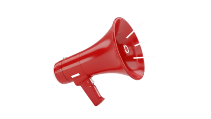 Red megaphone PNG isolated on transparent background, bullhorn loudspeaker for announcements and public address systems, communication tool