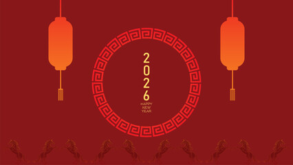 Modern Flat Lunar New Year China Background with Deep Red and Gold Lantern Horse Ornament Circular Geometry Frame and Vertical 2026 Typography for Holiday Banner and Digital Wallpaper