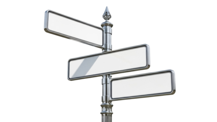 Blank street sign isolated PNG on transparent background, metal direction post with three empty signs for city navigation and advertising