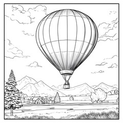Hot air balloon floating above the hill coloring page