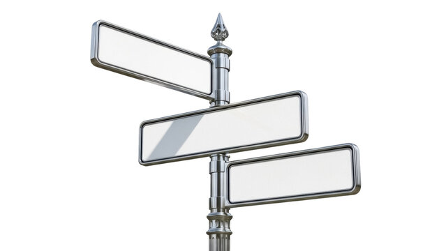 Blank street sign isolated PNG on transparent background, metal direction post with three empty signs for city navigation and advertising