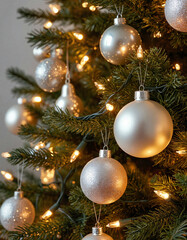 Christmas tree with silver ornaments and lights glowing softly  