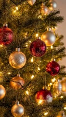Christmas tree with red and gold ornaments and warm fairy lights  