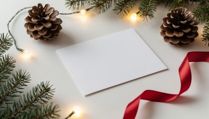 Blank card with pine cones and ribbon on festive background  