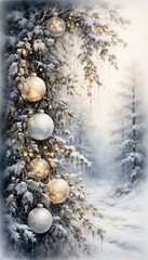 Winter forest with snow-covered trees and decorative Christmas ornaments  