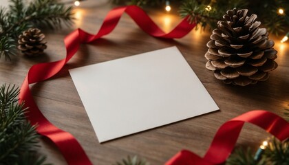 Blank greeting card surrounded by holiday decorations and pinecones  