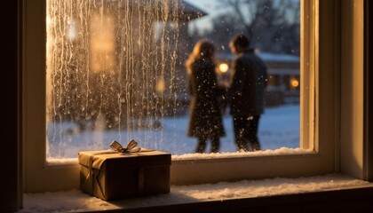 Couple embracing by window with a gift in snowy evening setting  