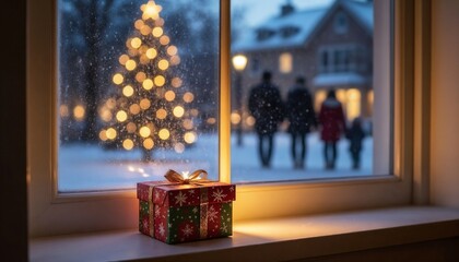 Christmas gift box on windowsill with holiday tree and family outside  