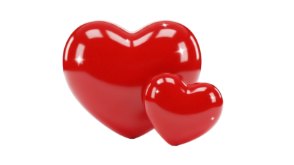 Two glossy red hearts isolated PNG on transparent background, love and romance concept for Valentine s Day and romantic design