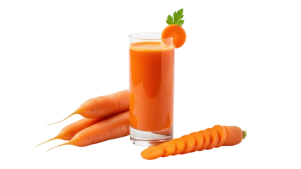Refreshing carrot juice in glass isolated PNG, healthy orange drink with sliced carrots and parsley garnish for nutrition and detox concepts