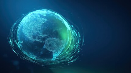 Futuristic glowing digital earth hologram with swirling energy and light particles against a dark blue background
