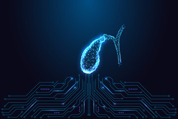 Digital gallbladder icon with medical technology and low-poly anatomy, vector illustration.