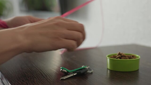 Closeup Hands Assembling Cat Toy, Treats On Wooden Table With Pink Wand, Red String And Green Bowl Owner Arranges Snack Beside Keys And Clips, Calm Indoor Mood, Playful Bonding Scene