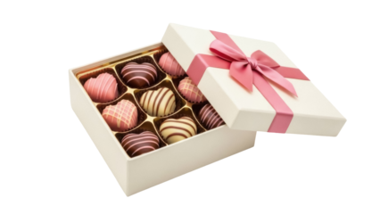 Heart-shaped chocolates in a gift box with pink ribbon isolated PNG, romantic present for Valentine s Day and special occasions