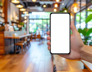 Hand Holding a Smartphone with Blank Screen in a Cozy Cafe Setting