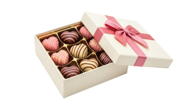 Heart-shaped chocolates in a gift box with pink ribbon isolated PNG, romantic present for Valentine s Day and special occasions
