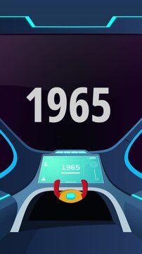 Time travel cockpit with futuristic animation jump to the year 1965 vertical. Ideal for content creators, tech presentations, future concepts, and cinematic video projects.