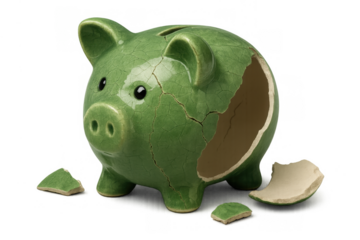 Broken green piggy bank showing financial problems, savings loss, debt, and economic risk on a transparent background