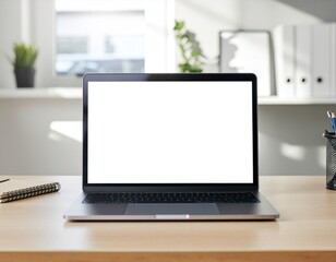 Fototapeta premium Modern Workspace Featuring a Laptop on a Desk with Natural Light Streaming In. Generated image