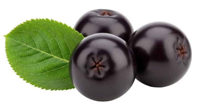 Chokeberries with green leaf isolated on transparent background, aronia melanocarpa fruit PNG for healthy eating and antioxidant concepts