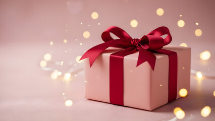 Obraz premium Valentine Gift Box Background Red Bow Soft Golden Bokeh Romantic Love Valentine Day Digital Image