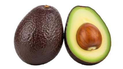 Ripe dark avocado and half avocado with pit isolated PNG, healthy fruit on transparent background for food design and nutrition concepts