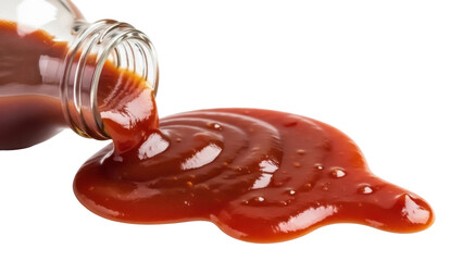 Pouring tomato ketchup from glass bottle isolated PNG, condiment for fast food and barbecue on transparent background