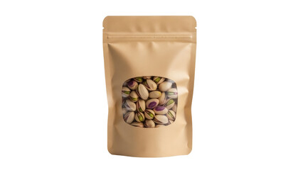 Pistachios in brown paper bag isolated PNG, healthy snack food with nuts on transparent background for packaging and advertising