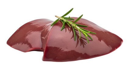 Fresh beef liver with rosemary isolated PNG on transparent background, raw offal meat for cooking and healthy eating