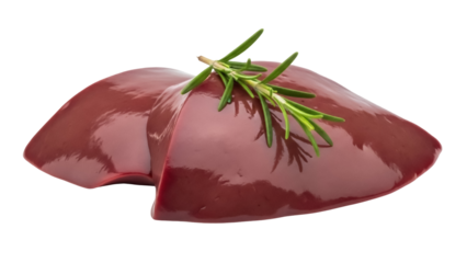 Fresh beef liver with rosemary isolated PNG on transparent background, raw offal meat for cooking and healthy eating